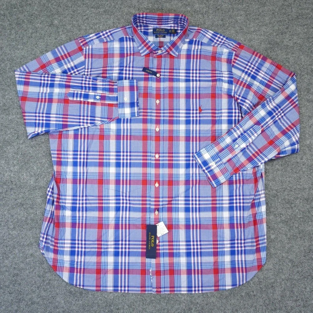 NEW Polo Ralph Lauren Button Down Shirt Mens 2XB Blue Red Plaid Stretch   Pony